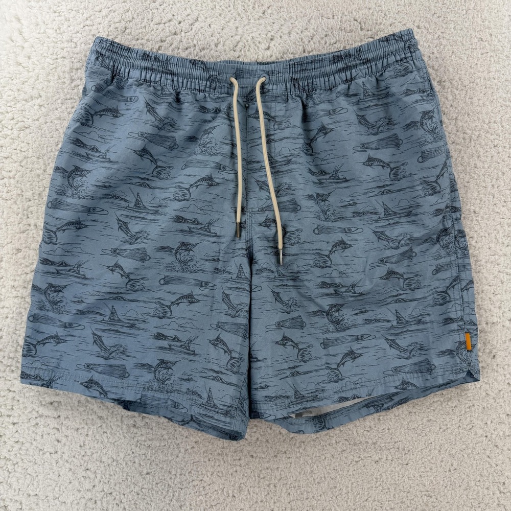 Quiksilver Waterman Swim Shorts Mens XL Blue Fish Print Mesh Lined Volley Trunks